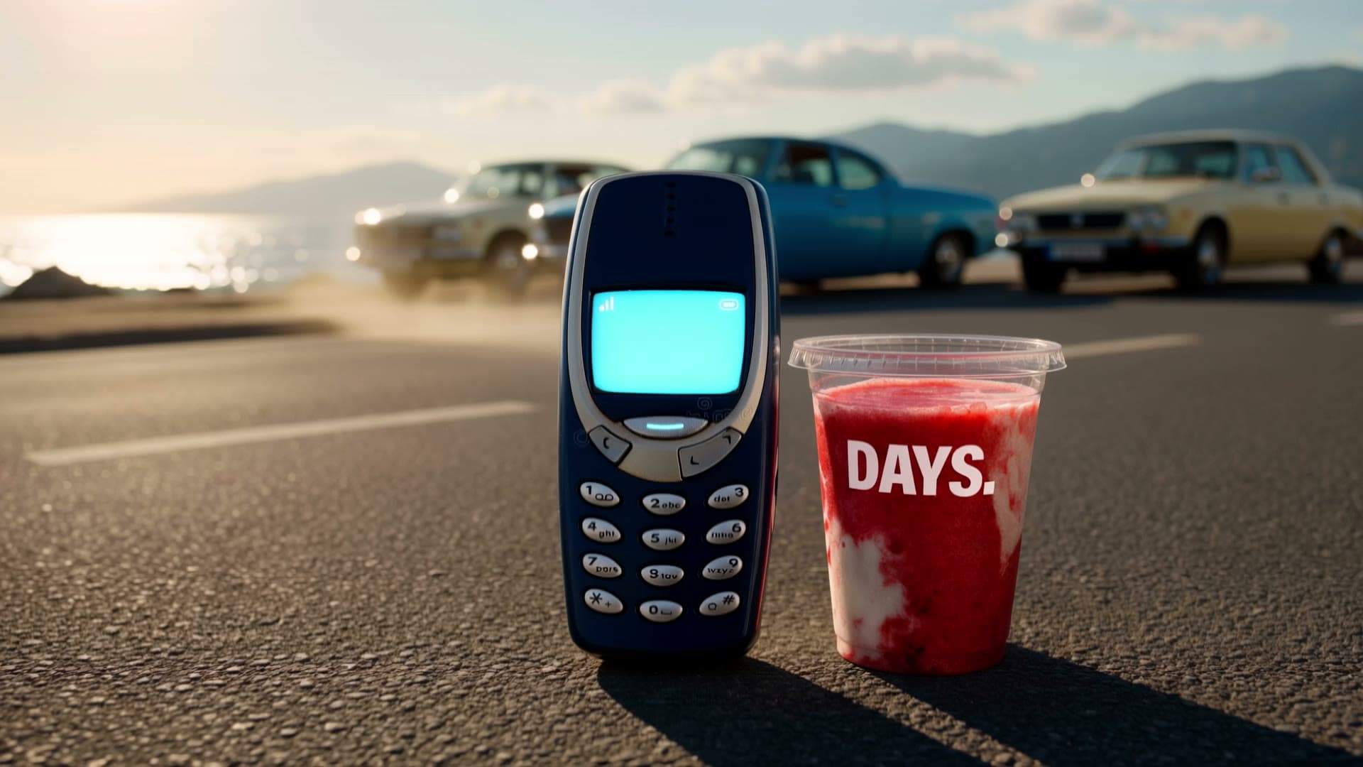 Un téléphone portable vintage posé sur la route de la Corniche à Marseille, à côté d'un gobelet DAYS. de smoothie à la fraise, voitures anciennes et mer au soleil couchant.